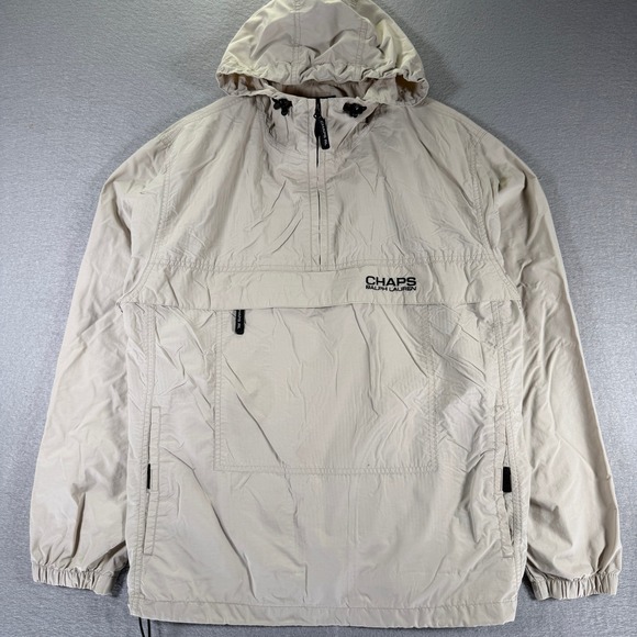 Chaps Ralph Lauren Pullover Anorak Jacket Mens Beige Hooded Windbreaker - Picture 1 of 12